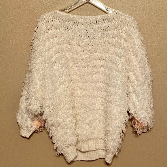 CRISTINA'S White Gray & Pink Pastel Shaggy Fluffy Sweater Hand Crochet Size (L) - Picture 3 of 7